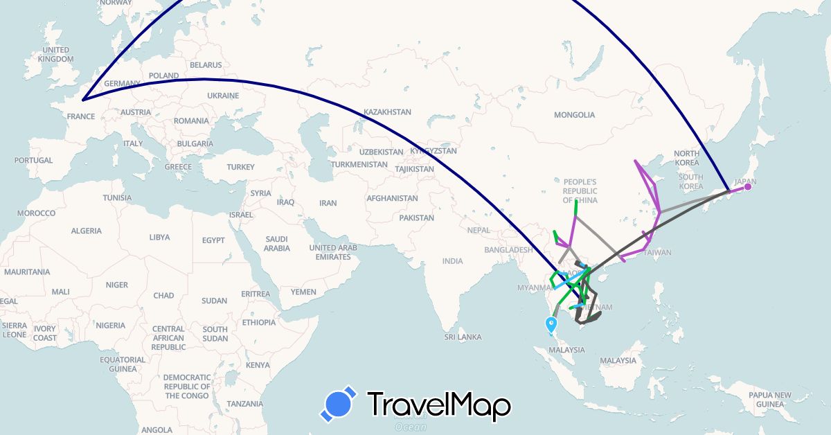 TravelMap itinerary: driving, bus, plane, train, boat, motorbike in China, France, Hong Kong, Japan, Cambodia, Laos, Thailand, Vietnam (Asia, Europe)